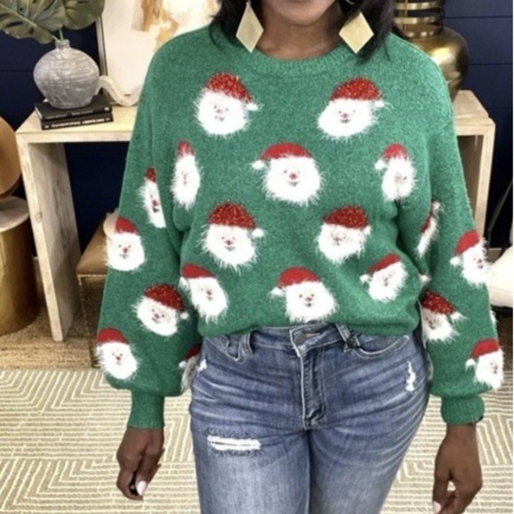 Fuzzy Santa Heads Ugly Christmas Sweater - Picture 9 of 9